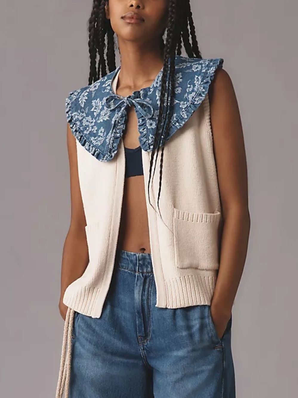Anthropologie Maeve Denim-Collar Sweater Vest Removable Collar One Size